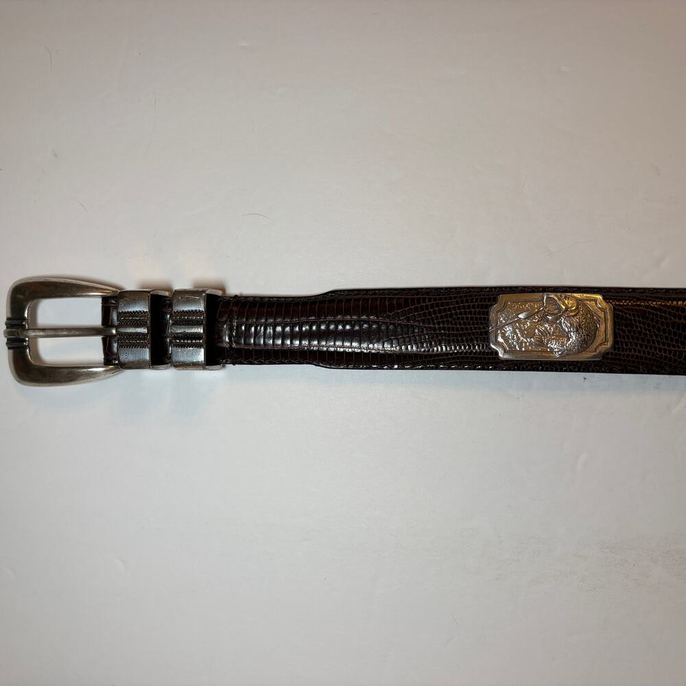 Embossed Alligator Brown Leather Belt w Silver Toned Bass Fishing Emblems 40 L - Picture 5 of 10